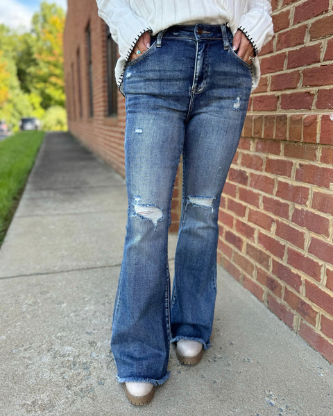 Risen REG/CURVY High Rise Distressed Flare Jeans