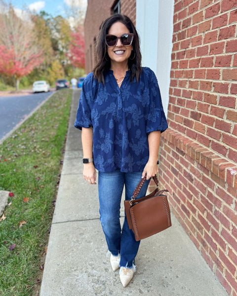 Valerie REG/CURVY Floral Burnout Blouse in Navy