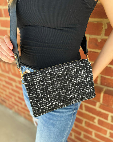 Izzy Crossbody in Black Tweed w/ Guitar Strap