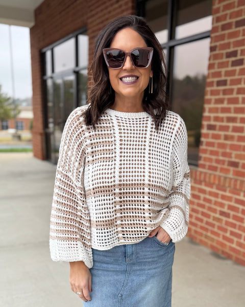 Harmony Crochet Sweater in Taupe/Multi