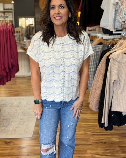 Ella Scallop Knit Sweater in Blue