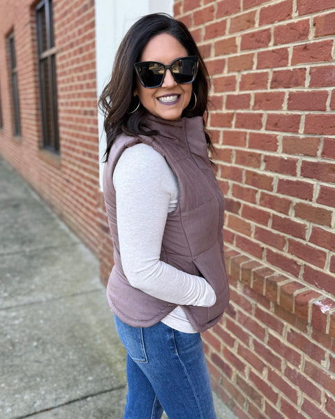 Drew Suede Puffer Vest in Cocoa