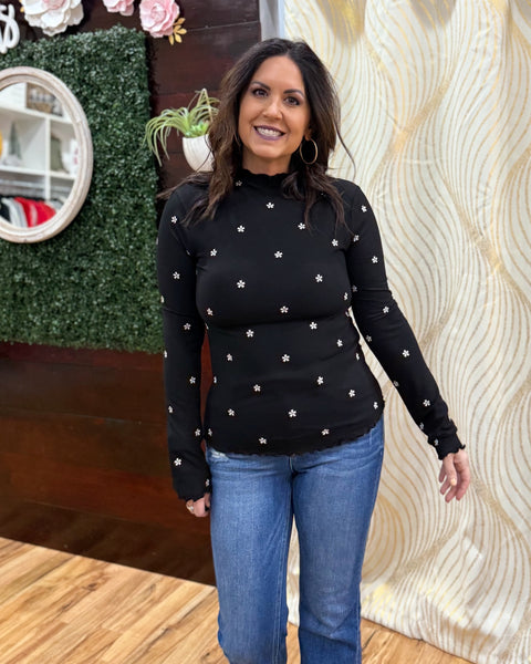 Violette Flower Embroidered Top in Black