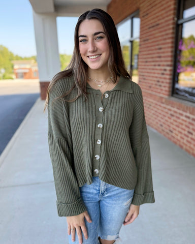 Trisha Collared Button Up Sweater Top in Olive FINAL SALE
