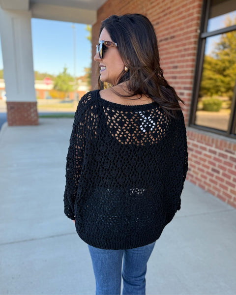 Addison Boat Neck Crochet Sweater in Black