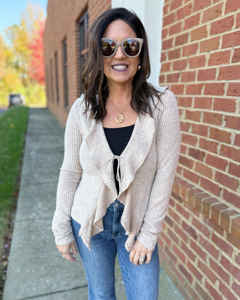 Sara Ruffle Cardigan in Taupe