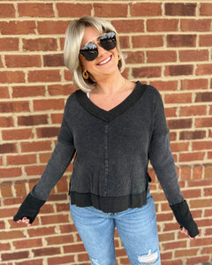 Flynn Thermal Knit Blouse in Charcoal