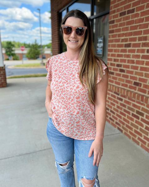 Denise REG/CURVY Floral Top in Linen/Coral FINAL SALE