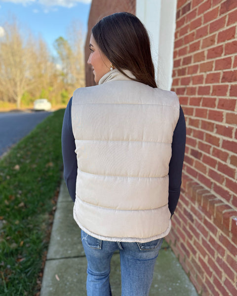 Drew Suede Puffer Vest in Beige