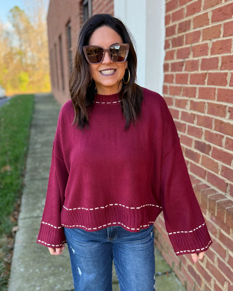 Nancy Stitch Detail Sweater in Wine
