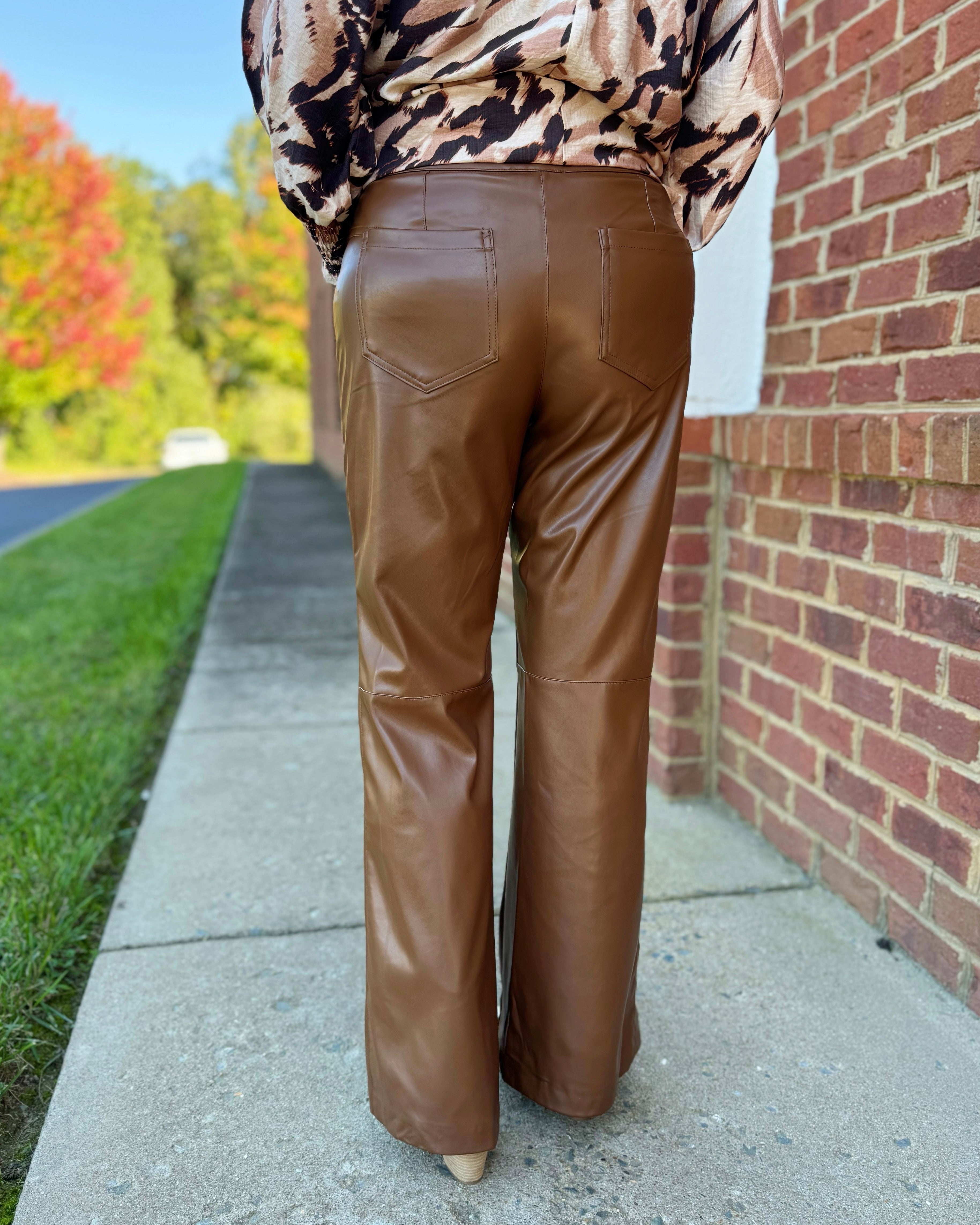 Naomi Faux Leather Flare Pants in Brown FINAL SALE – Madi Savvy