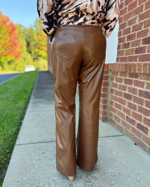 Naomi Faux Leather Flare Pants in Brown