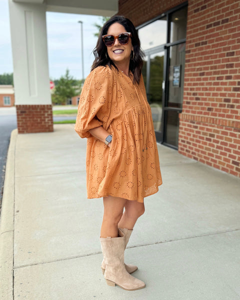 Cindy Eyelet Dress in Camel