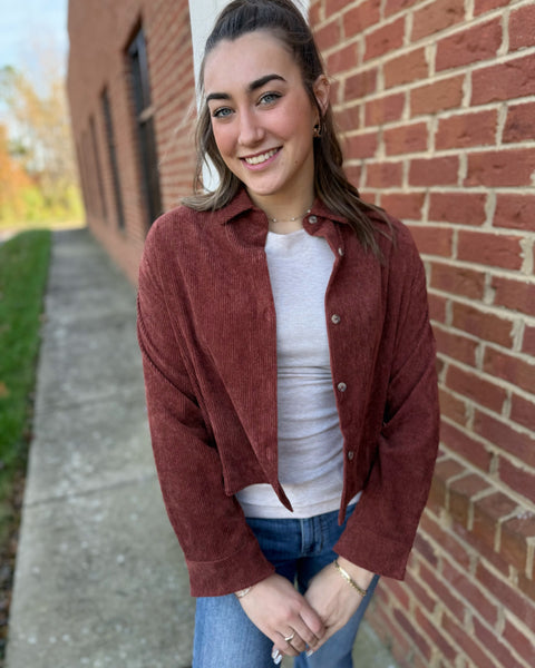 Sophia Corduroy Shacket in Brick FINAL SALE
