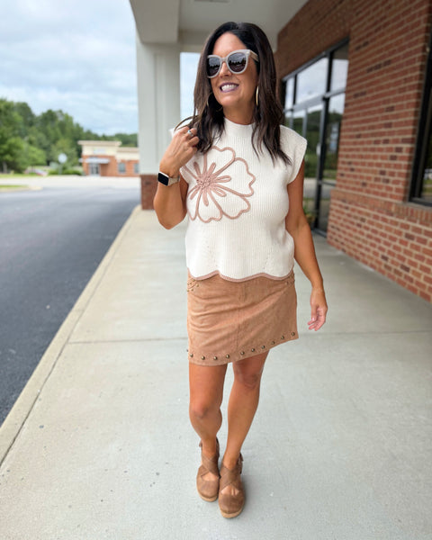 Saylor Floral Scallop Hem Sweater in Taupe FINAL SALE