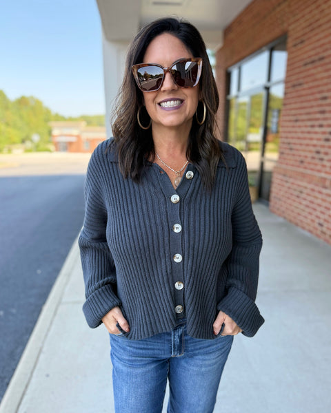 Trisha Collared Button Up Sweater Top in Navy FINAL SALE