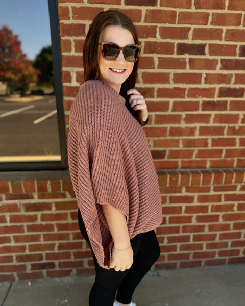 Lauren Ribbed Knit Arm Poncho in Mauve