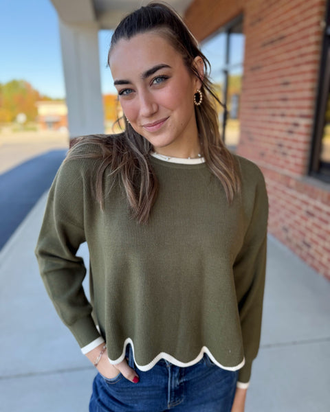 Bianca Scallop Hem Sweater in Olive/Cream