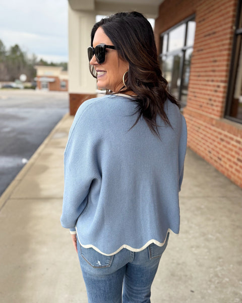 Bianca Scallop Hem Sweater in Blue/Cream