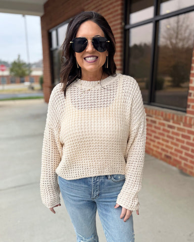 Jolene Crochet Knit Sweater in Oatmeal