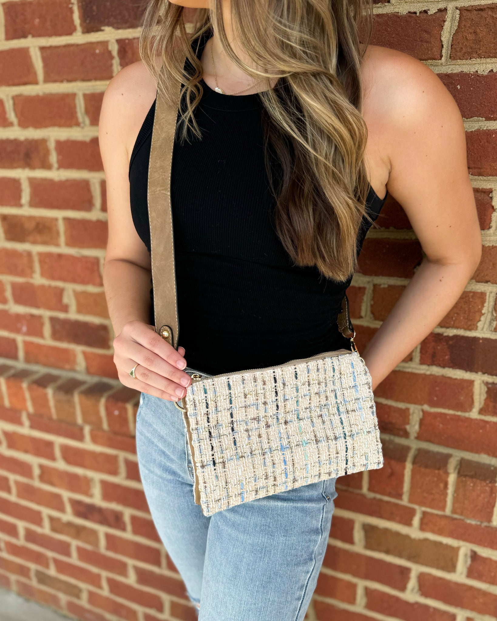 Izzy Crossbody in Khaki Tweed w/ Guitar Strap