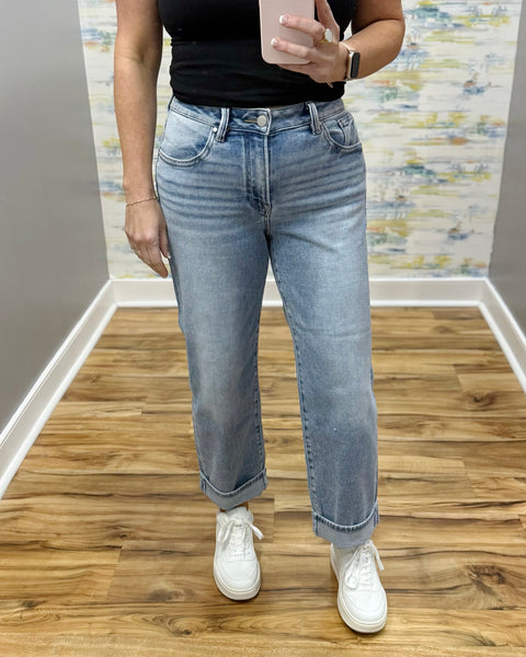 woman wearing Risen Boyfriend style Jeans in a light wash.