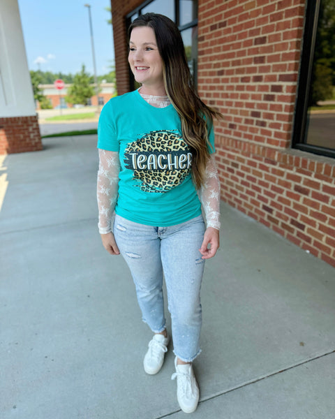 TEACHER REG/CURVY Tee in Teal/Leopard