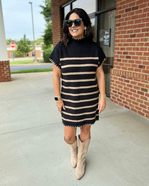 Beth Stripe Sweater Dress in Black