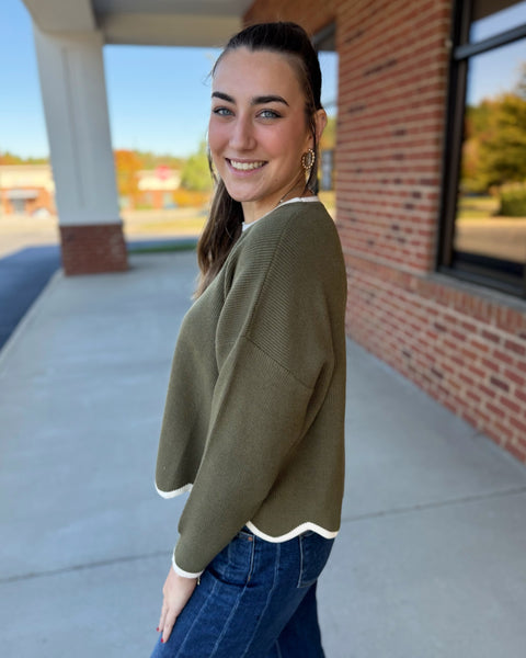 Bianca Scallop Hem Sweater in Olive/Cream