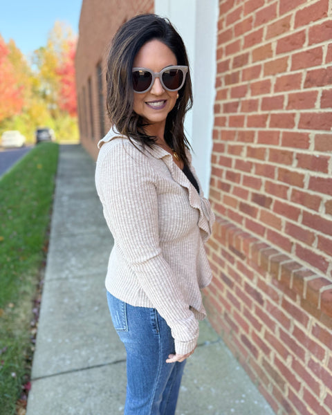 Sara Ruffle Cardigan in Taupe