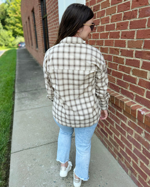 Maxine Plaid Corduroy Button Up in Taupe