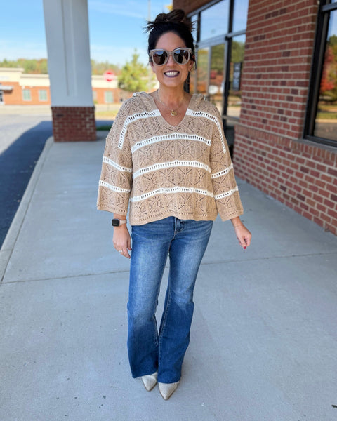 Tiana Crochet Stripe Sweater in Taupe/Cream FINAL SALE