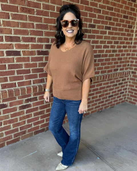 Mia V-Neck Dolman Sweater in Deep Camel