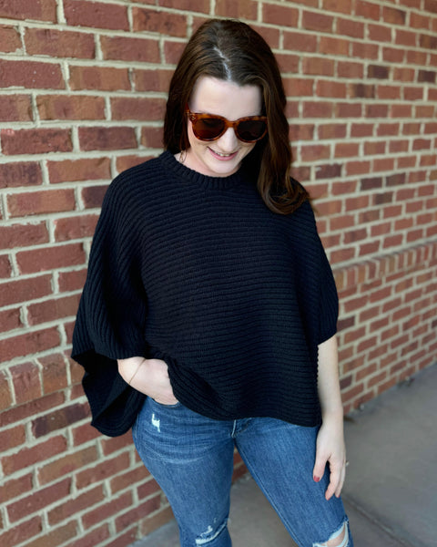 Lauren Ribbed Knit Arm Poncho in Black