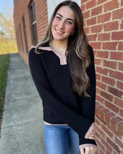 Nia Contrast Detail Sweater in Black