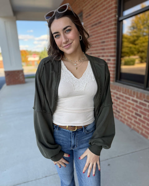 Audrey Cropped Open Cardigan in Green