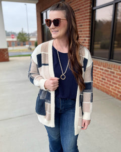 Marissa Checker Soft Cardigan in Navy/Taupe