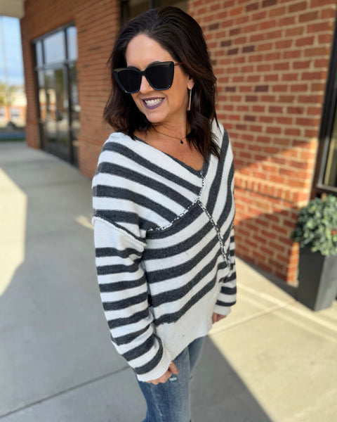 Laura Cross Stripe Sweater in Black/Ivory