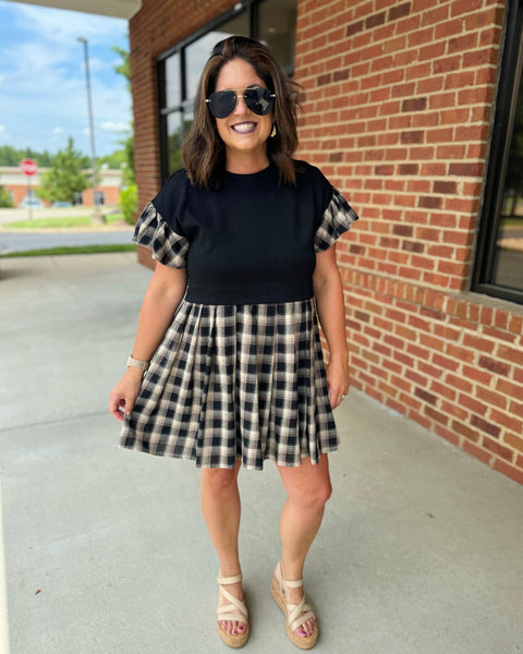 Kenna Plaid Twofer Dress in Black