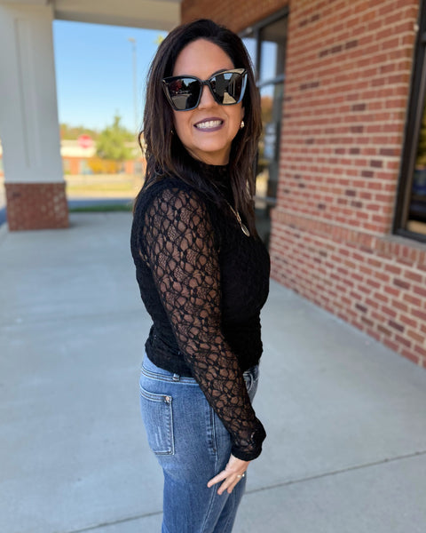 Royce Mock Neck Lace Top in Black
