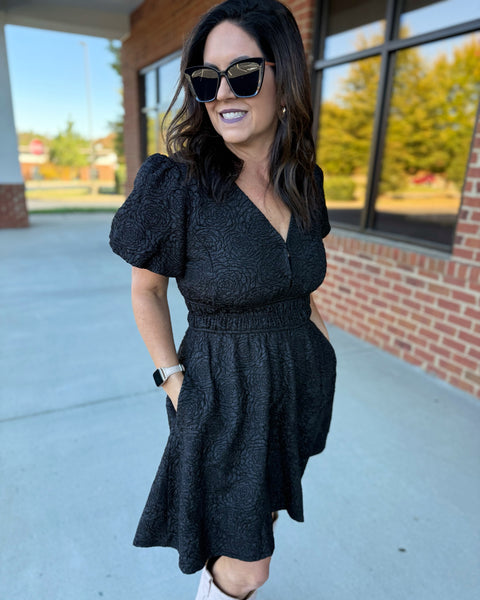 Melanie Floral Jacquard Dress in Black