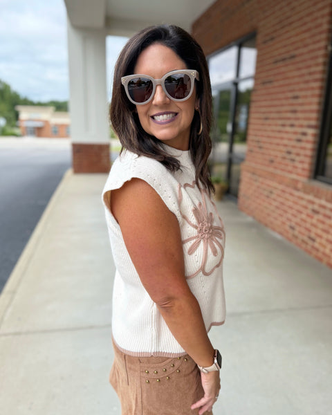 Saylor Floral Scallop Hem Sweater in Taupe FINAL SALE