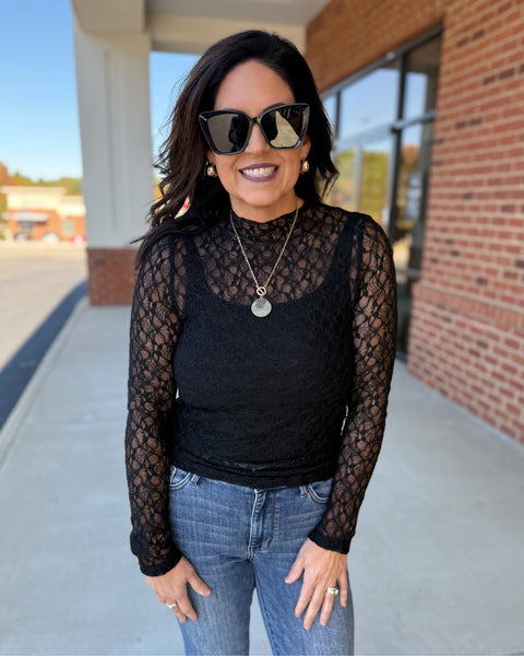 Royce Mock Neck Lace Top in Black