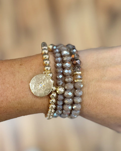 Sparkly Blush Beaded Bracelets with Gold Coin