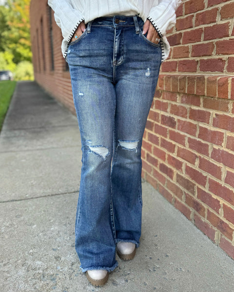 Risen REG/CURVY High Rise Distressed Flare Jeans