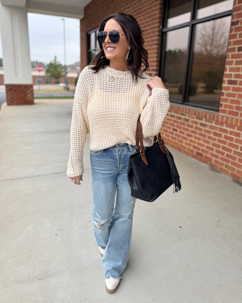 Jolene Crochet Knit Sweater in Oatmeal