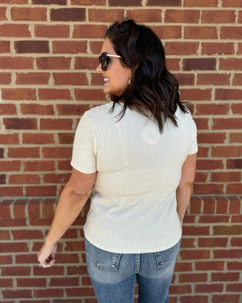 Tori Ribbed V-Neck Tee in Sand Beige