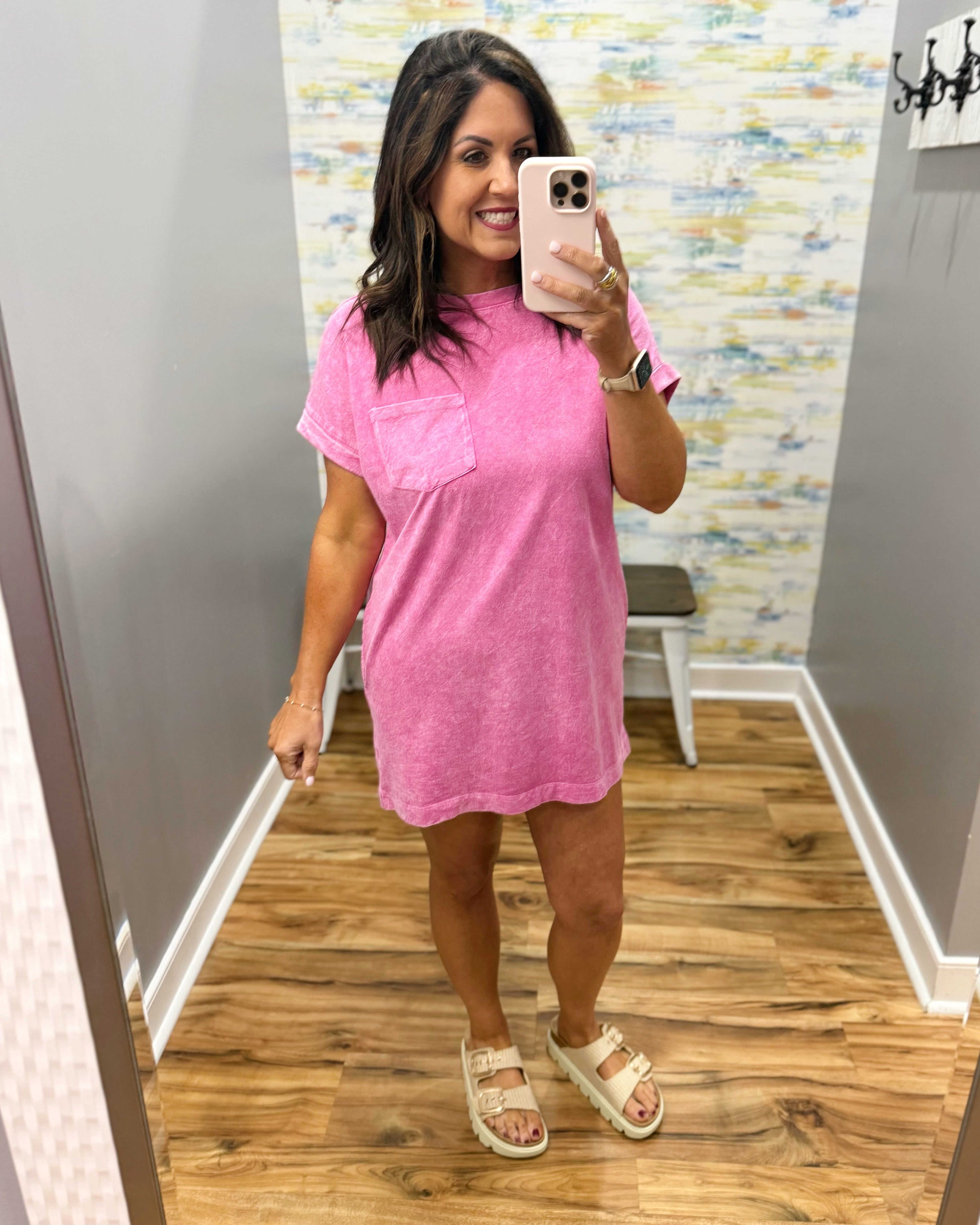 woman wearing hot pink t-shirt dress with sandals. 