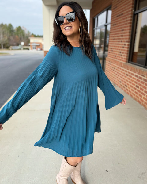 Natalie Pleated Dress in Teal Green FINAL SALE