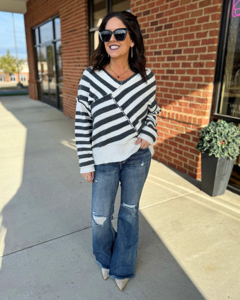 Laura Cross Stripe Sweater in Black/Ivory